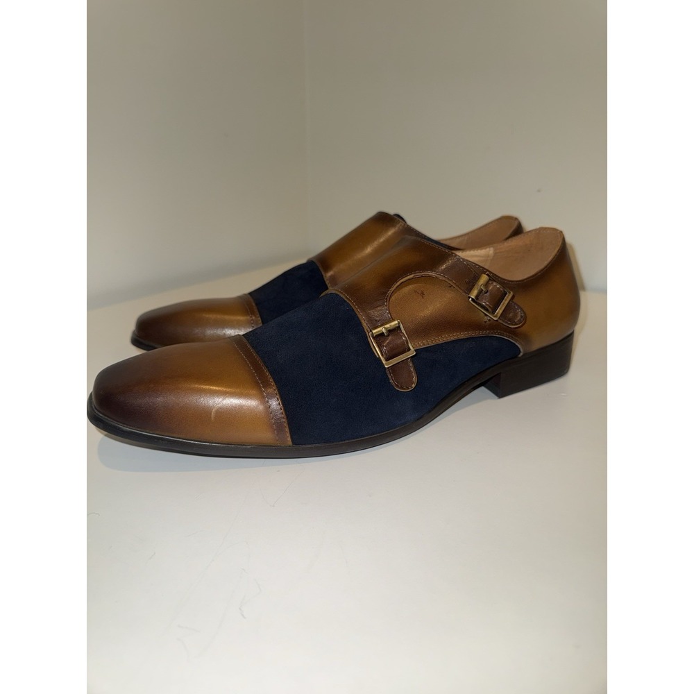 Carrucci Men's 13 Wingtip Double Monk Strap Shoes Two Tone Navy Brown Leather - Picture 5 of 10